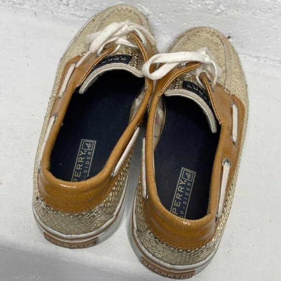 SPERRY TOP SIDER Fisherman 7.5 Round Toe Lace-up Sparkle Gold Sequin Boat Shoes - Picture 5 of 7